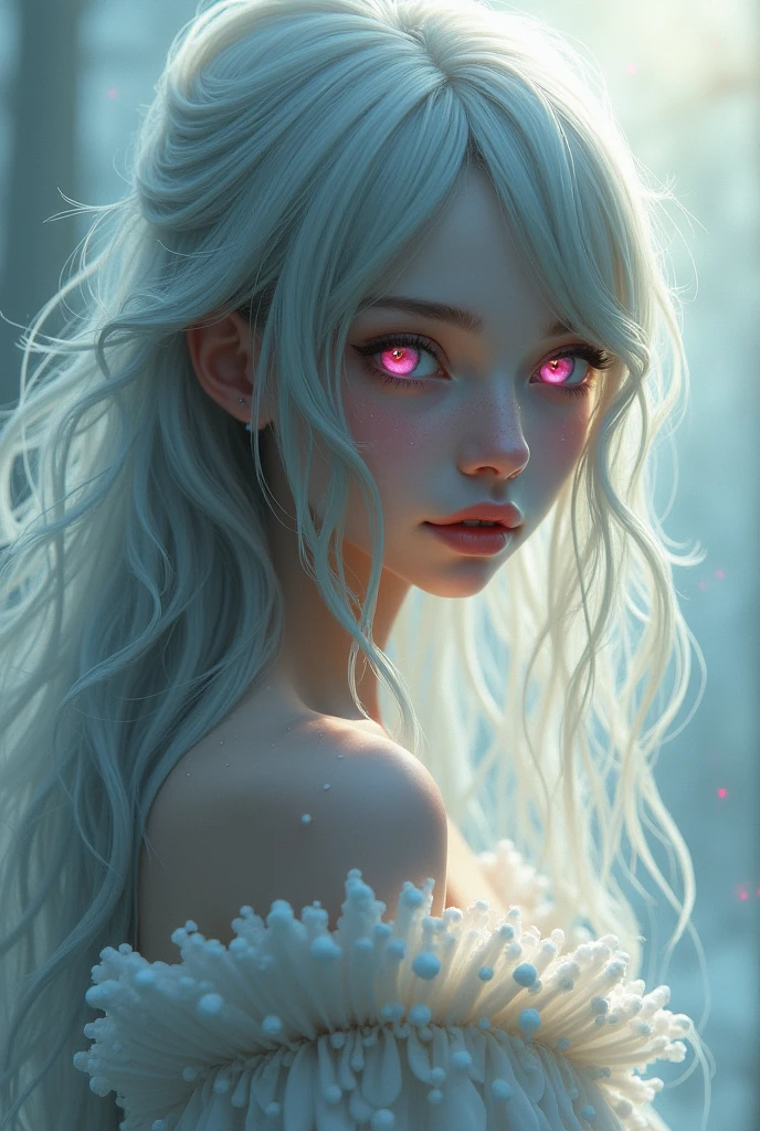 A girl with long gray hair and pink eyes