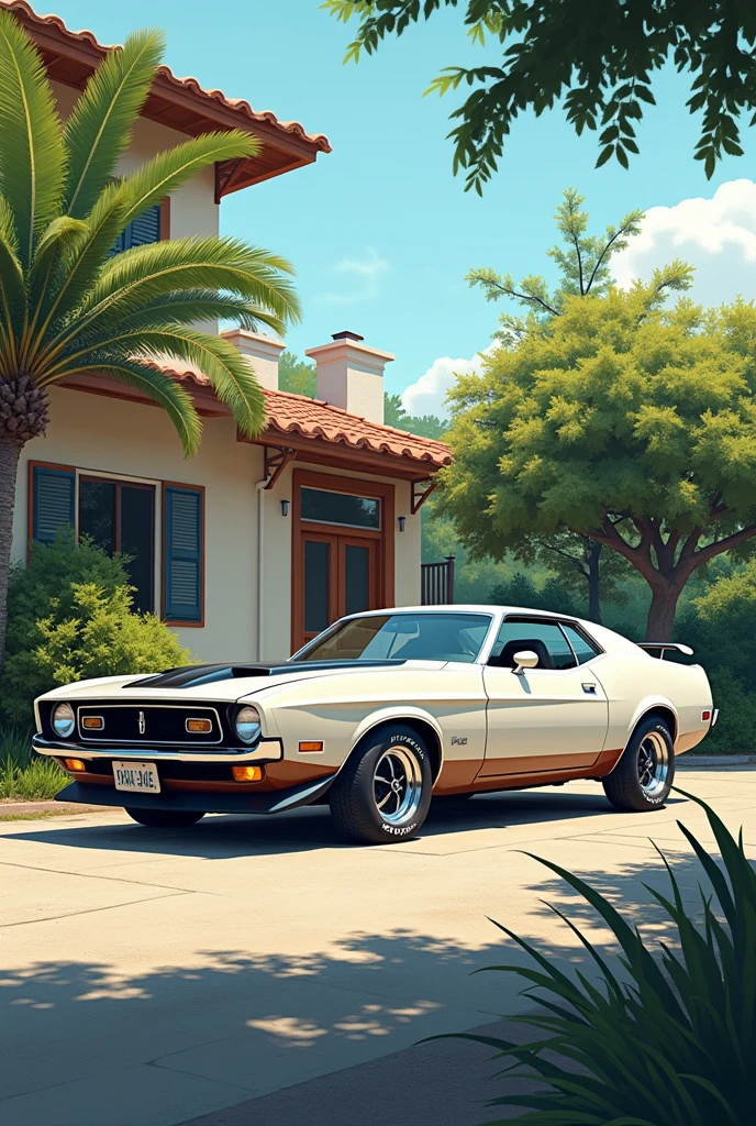 Create an image of a car parked in an outdoor environment. The scene must show the car clearly parked in an outdoor location., like a street, a house entrance or a parking lot. Be sure to include details that highlight that the car is outside, as an open and visible environment, perhaps with trees, grass or buildings in the background. The image should convey the idea that the car is in place and ready to be used.. The atmosphere can be calm and everyday., with a natural light that suggests it is daytime detailed, masterpiece, Best Quality, High resolution