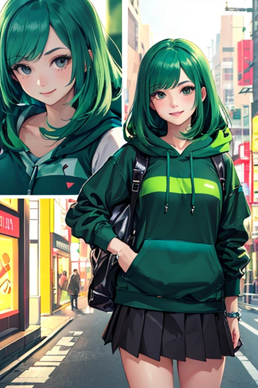 ((masterpiece)), (((best quality))), chromatic lighting,
colorized, green + white limited color palette,
detailed concept drawing,
Shibuya street girl, cyberpunk, futuristic,
portrait, 20yo 1girl, medium soft breasts, slender, green hoodie, skirt, long green hair, black eyes, smiling