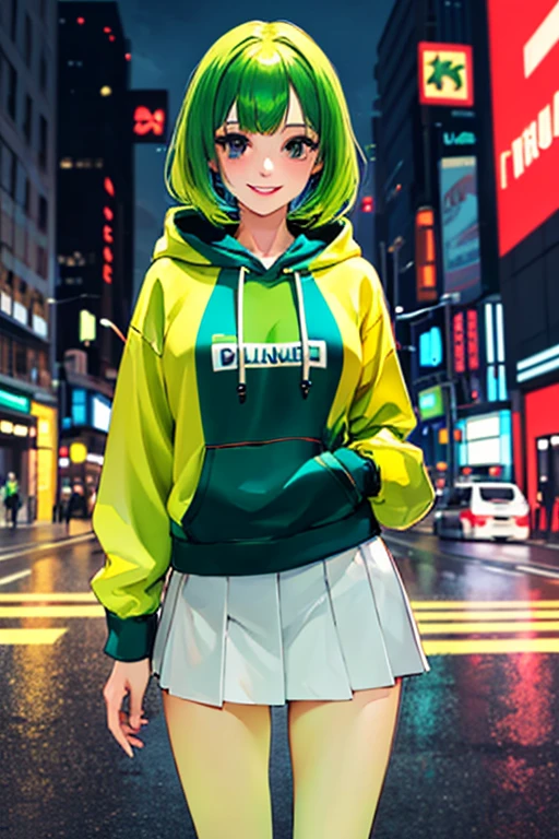 ((masterpiece)), (((best quality))), chromatic lighting,
colorized, green + white limited color palette, 
detailed concept drawing,
Shibuya street girl, cyberpunk, futuristic,
portrait, 20yo 1girl, medium soft breasts, slender, hoodie, skirt, long green hair, black eyes, smiling