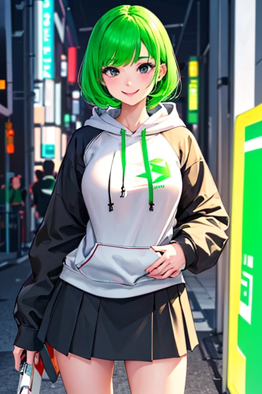 ((masterpiece)), (((best quality))), chromatic lighting,
colorized, green + white limited color palette,
detailed concept drawing,
Shibuya street girl, cyberpunk, futuristic,
portrait, 20yo 1girl, medium soft breasts, slender, green hoodie, skirt, long green hair, black eyes, smiling
