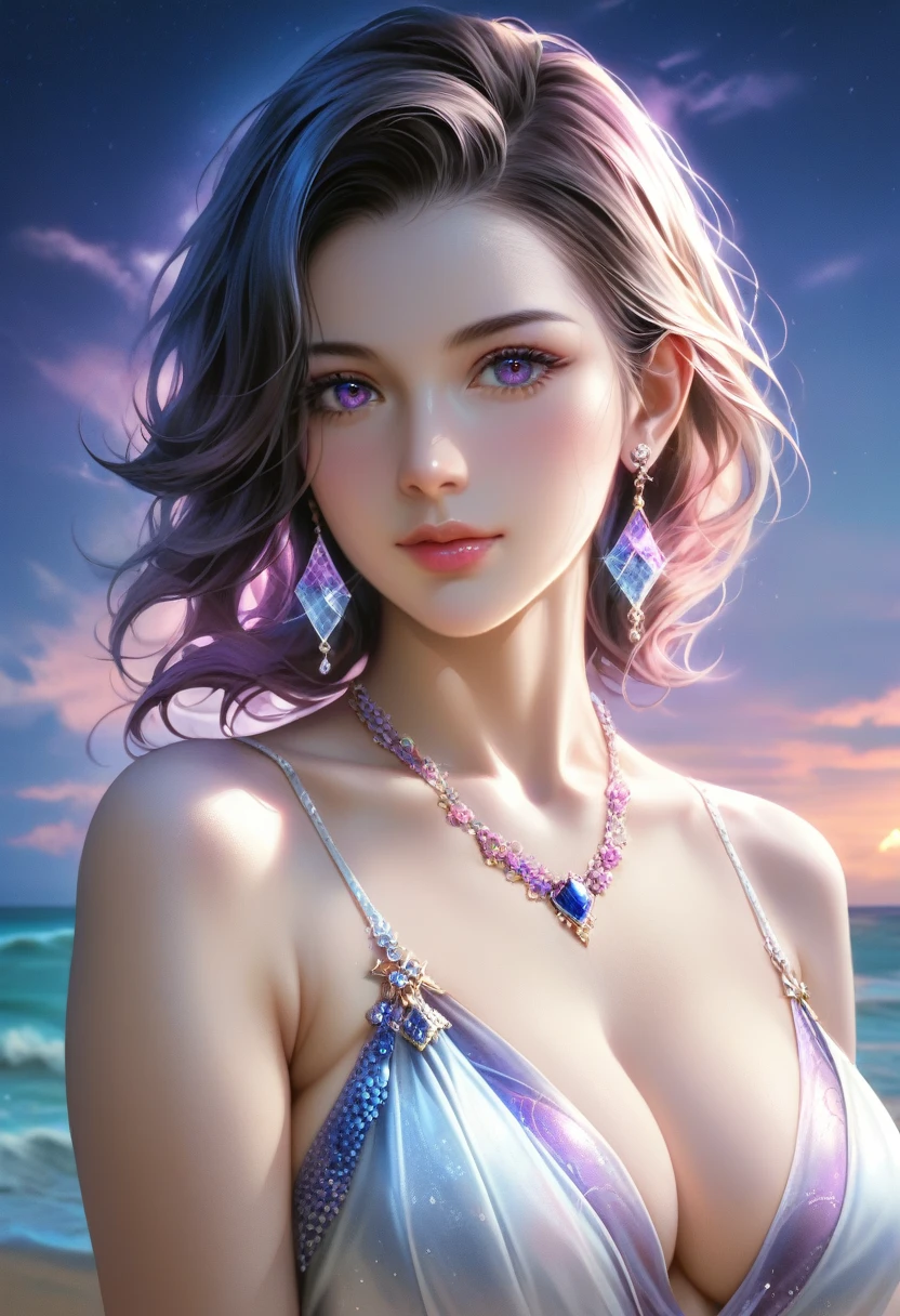 score_9, score_8_superior, score_7_superior, A masterpiece in 32K resolution,Highest quality,it is really amazing,Very detailed,Ultra-high resolution,Ultra-realistic,Realistic,Increased depth of field,Cinematic lighting,
Sexy mature Japan woman,
black straight medium hair,Ultra-detailed and beautiful face,Gentle expression,Translucent white skin,Realistic skin texture,
Elegant swimwear,
Elegant and luxurious design,Colorful color patterns,Beautifully detailed decoration,Detailed fabric texture,
Gorgeous necklace,Earrings,
Coastline at night,delay々A desolate sandy beach that continues,Dark clouds floating in the dark night sky,Thunderclouds rolling in,Premonition of a storm,
Dramatic Angle,