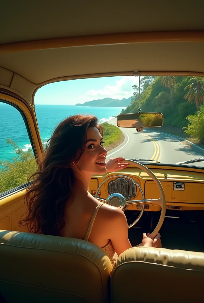 a beautiful Brazilian brunette woman driving an old Beetle with a view from the back seat