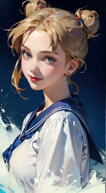 Realistic portrait of the protagonist of the anime Sailor Moon　highest quality、realistic、Japanese、girl、zoom、cute、gray eyes、bun hair、chestnut hair、all back、The forehead is protruding、blue cheongsam、look down、big smile、bust shot、thin、small breasts

Overall, the image is a masterpiece, with high-quality details and a realistic rendering of Misty, her outfit, and her companion dragon. The colors are vivid and eye-catching, and the image is high-resolution, capturing every nuance of Misty's confident and adventurous spirit.