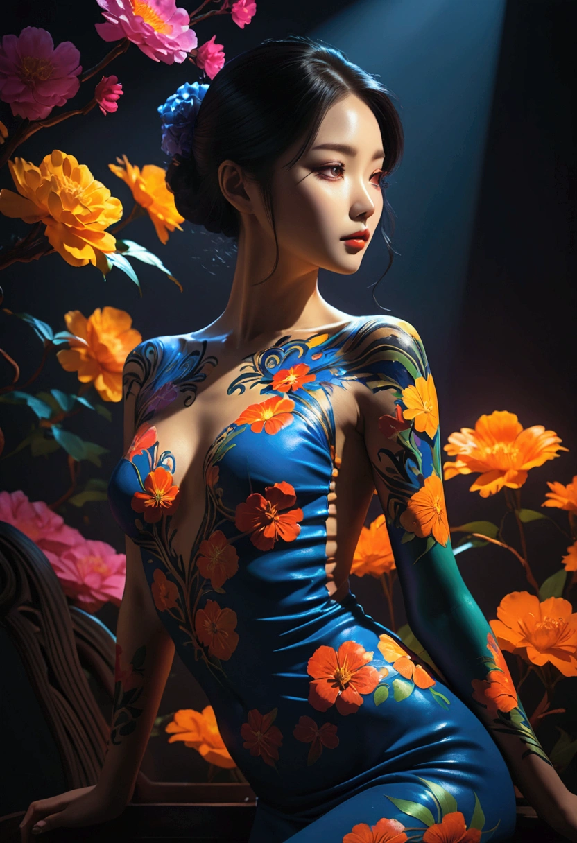 a beautiful korean female model, intricate body painting, elegant posing, dramatic lighting, high quality, 8k, chiaroscuro, cinematic, dramatic shadows, glowing skin, lush colors, dreamlike atmosphere