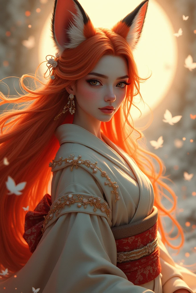 Beautiful female fox spirit、Detailed facial features、Long eyelashes、Traditional Japanese elegant kimono、Detailed kimono texture、Flowing Hair、peacefulness、Photorealistic cinematic lighting、Fantastic landscape、Shining Aura、Exquisite detail、Vibrant colors、Digital Art、Concept Art Style
