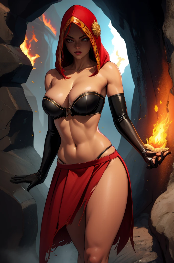 Dsorceress, redhair, shadowy face,dark cave, fire, hood, shadowed cute face, mini skimpy strapless bra, slim and athletic body, skinny thighs, skimpy slit miniskirt, no underwear, no panty, elbow gloves, dark skin, 1 girl (insanely detailed, masterpiece, best quality)