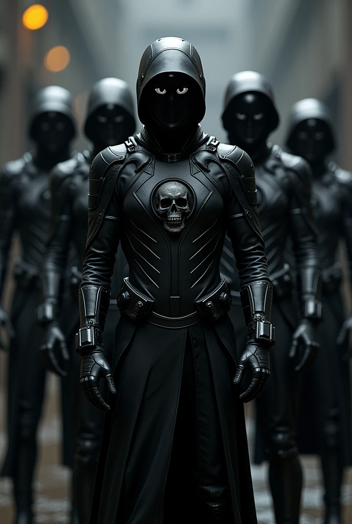 Five people in completely black weapons-like clothing with a skull 