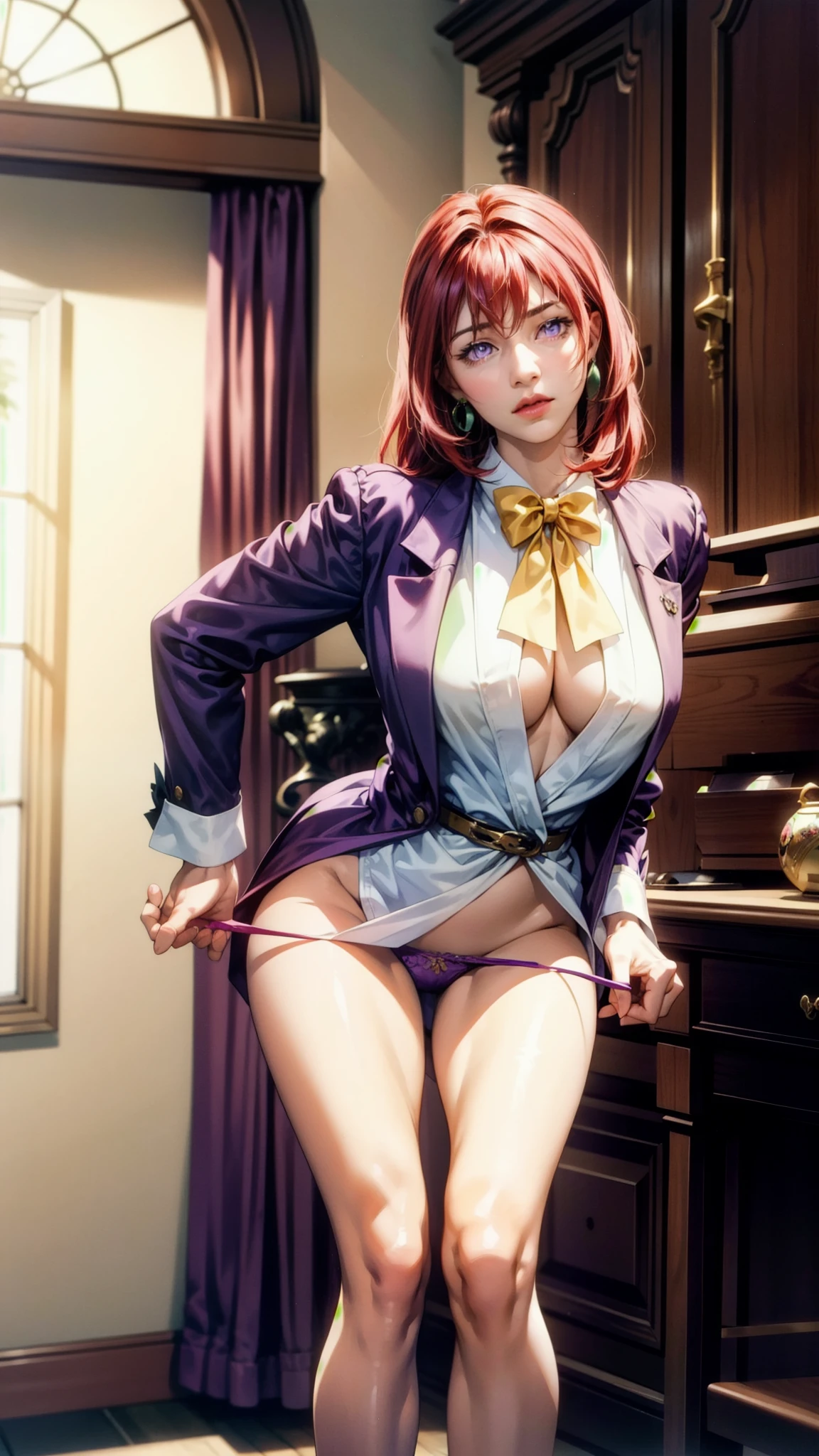 4k, 1woman, masterpiece, best quality, highly detailed, mature woman, panty pull, undressing, leaning forward, takashirohiroko, unbutton white blouse, yellow bow tie, naked from the waist down, red hair, black thigh highs, open purple blazer, garters, round green earrings, purple eyes, cleavage, nsfw