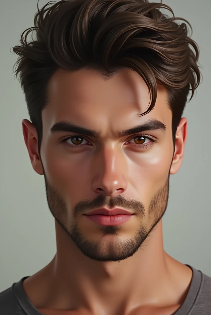 Extremely handsome man with brown eyes, clear skin, sharp nose, hunter eyes, full lips, thick hair, arched eyebrows, beautiful lashes
