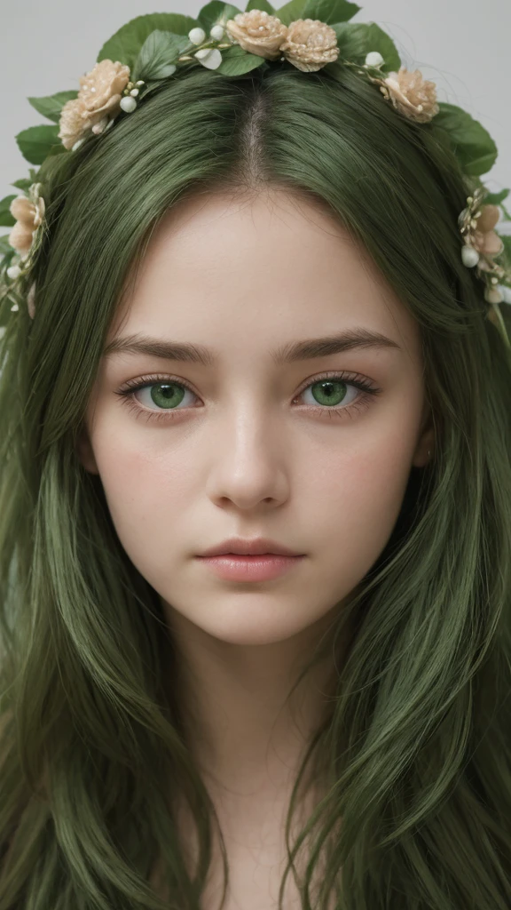 face portrait. a girl. european. extremely detailed face. oval face. delicate features. half-closed eyes. sad expression. green eyes. long messy hairstyle. green hair. wreath on head