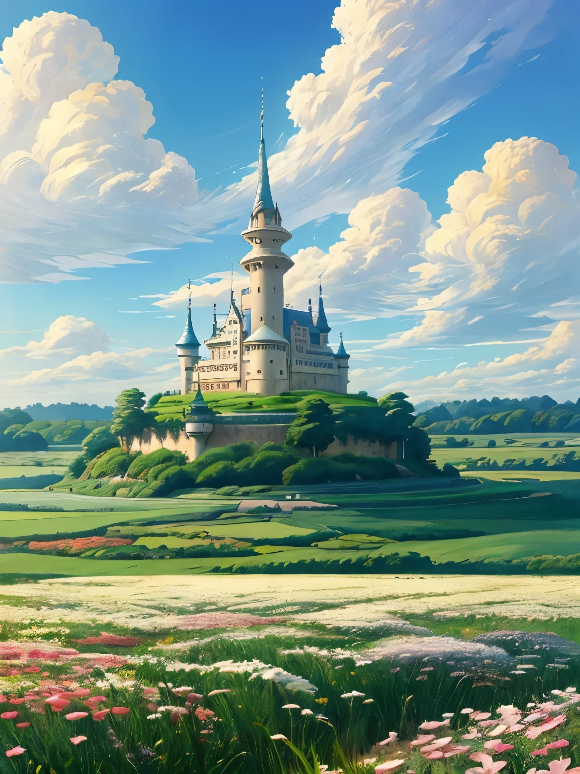 Realistic, Genuine, Beautiful and wonderful landscape, oil, Studio Ghibli, Hayao Miyazaki, Petal meadow with blue sky and white clouds, floating clouds, Floating Island, floating castle