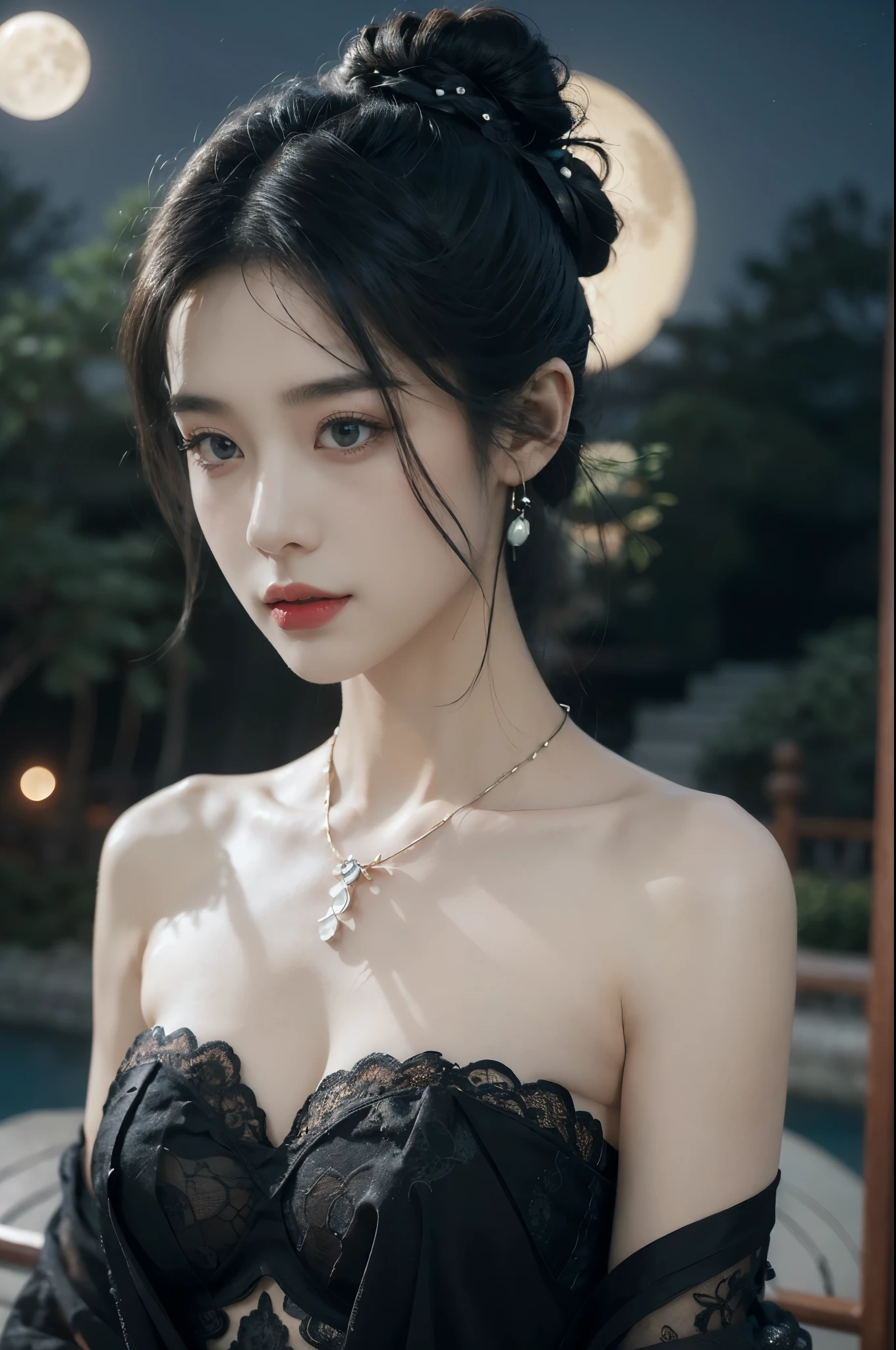(((best quality))),(((ultra detailed))),(((masterpiece))),illustration,((1 beautiful girl,solo)),(bun hair:1.2),(Ghostly makeup:1.3),(fair skin:1.5),(red lips:1.2),((earrings,necklace)),((slim,thin)),((small breasts,flat chest)),(strapless black floral embroidered lace bra:1.5),(A huge moon in the sky:1.3),(moonlit Chinese garden courtyard:1.3),(Ghost Festival:1.3),(Ghostly flames are drifting in the air:1.3),elegant and sophisticated,intricate patterns,curves,dark color,striking visual appeal,ethereal,enchanting,ghostly black blossoms,swaying branches,stone pathways,moss,eerie shadows,ancient pavilion,intricate wooden structure,mystery and intrigue,cicadas chirping,auditory symphony,embodiment of the festival's spirit,bathed in the moon's glow,delicate features,raven-black hair,waterfall of darkness,moon's luminance,captivating allure,sleek fabric,clung to frame,accentuating curves,highlighting beauty,striking appearance,ethereal beauty,hauntingly beautiful scene,captured essence,blend of beauty and mystery,(night scene:1.3),((from front,close-up of face))