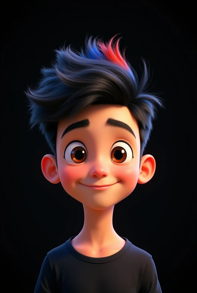 Create a Disney Pixar style boy with brown eyes, black hair with a blue and a red streak and a black shirt with the background of the image all black.