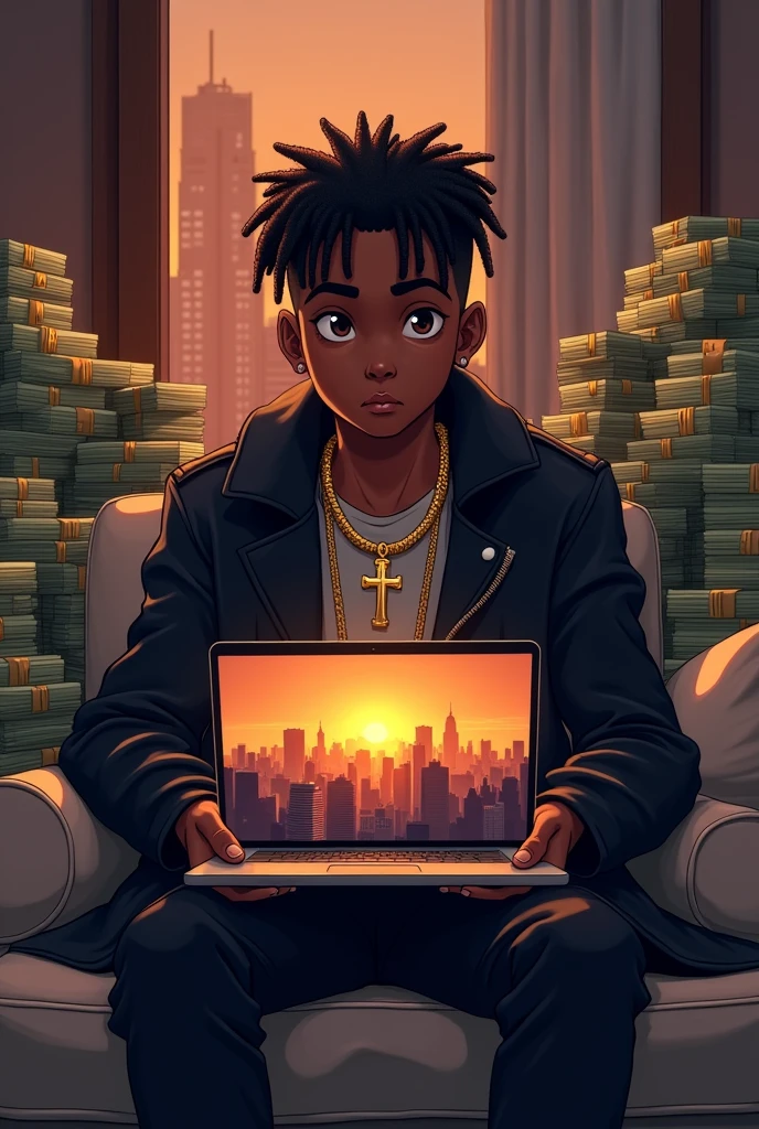What if a teenager boy having short beautiful dreadlock putting on a black jacket with a beautiful gold chain and a cross pendant is now sitting on a couch, surrounded by stacks of money, and holding a laptop with a screensaver of a cityscape at sunset Make the image size 1×1