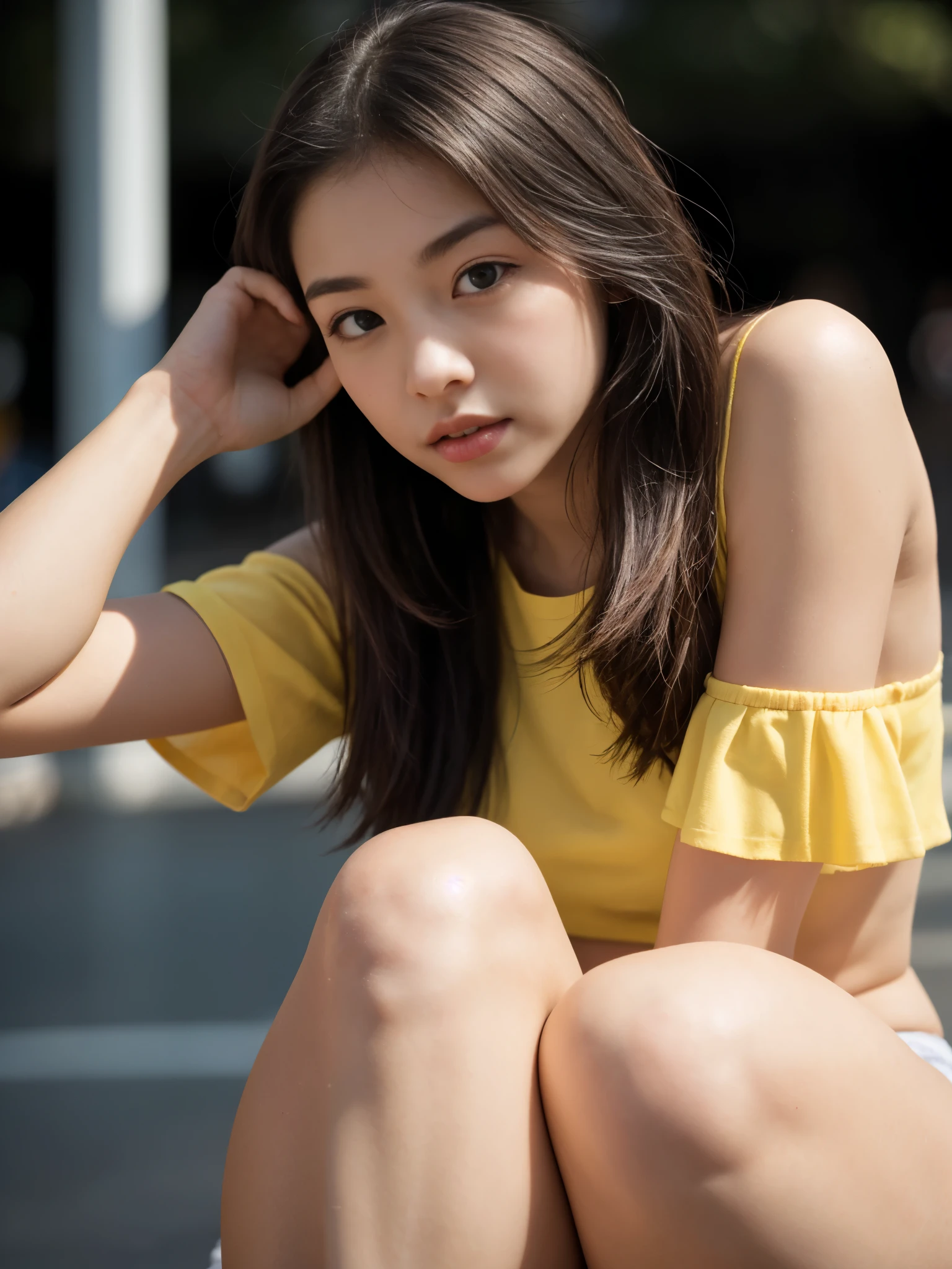 (close-up:1.2) analogue photography, (looking at viewer:1.3), (hand behind head:1.2), (forearm on knees:1.3), knees together feet apart, sitting, white panties, pantyshot, (yellow half-up hair:1.2), simple dark blurred outdoor background, sfw