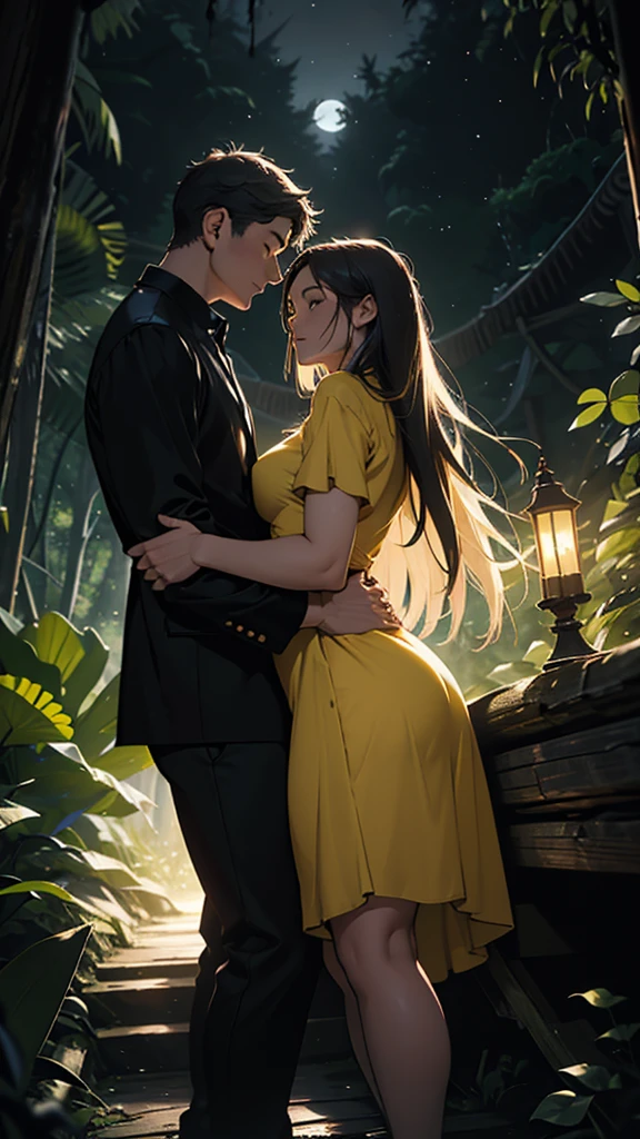 A couple in love entwines their passion within a treehouse deep in the forest. The young woman wears a stunning, short yellow dress that accentuates her curvaceous figure. The moonlit night enhances the romantic setting. This vividly painted scene captures the couple's intimate moment in exquisite detail, highlighting the beauty of their connection amidst nature's tranquil embrace.