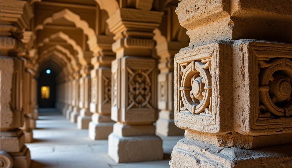 Detailed close-up of the intricately carved pillars inside the Somnath Temple, showcasing ancient craftsmanship.