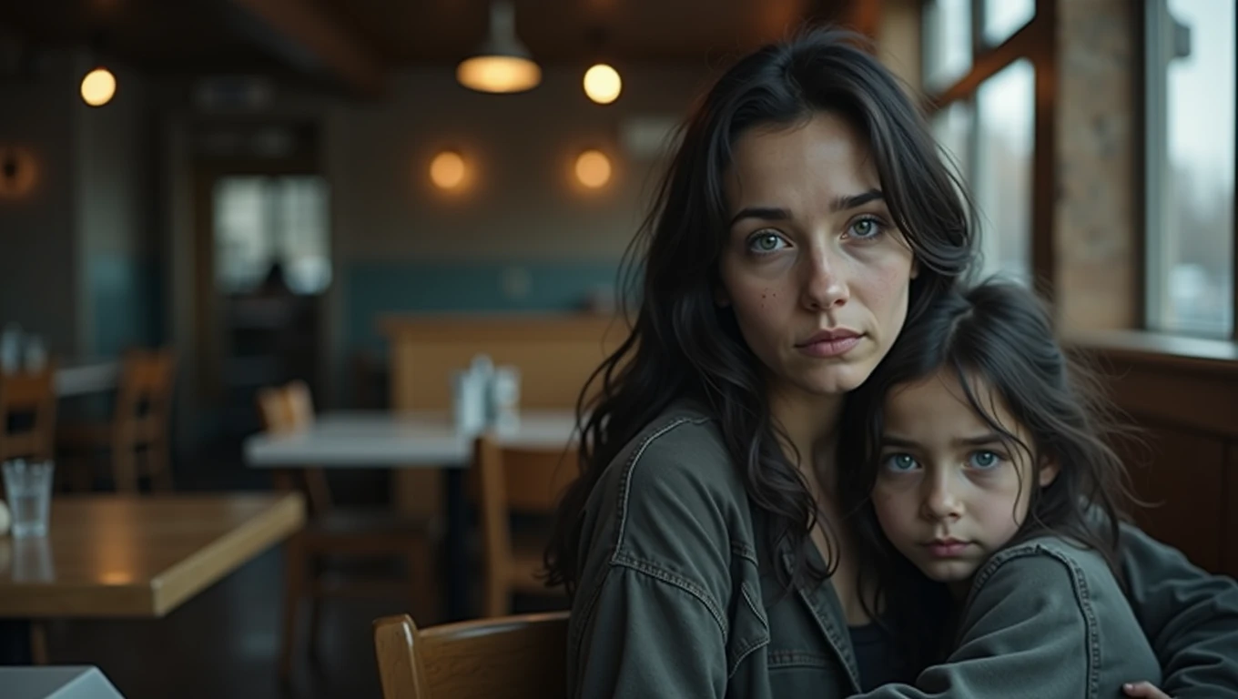 Real professional photography of two people as the main subjects of the photo, an adult woman and her 8-year-old daughter. They have vibrant blue eyes and long black hair, but it's a bit messy. Both should have beautiful, well-defined but slightly dirty faces and should be looking directly at the camera with serious, introspective expressions, conveying a sense of sadness and vulnerability. They are sitting together at a table in a restaurant, with the mother having a protective arm around her daughter's shoulders. They are wearing simple, worn-out clothes in dark, neutral tones. The background is blurred, showing what appears to be the interior of a restaurant at dusk and points of light in a bokeh effect. There is still natural light outside contrasting with the artificial light inside. The photograph should capture extreme detail, with a high-quality rendering in 8k, with professional photographic quality and attention to detail that conveys the realism of a restaurant.
