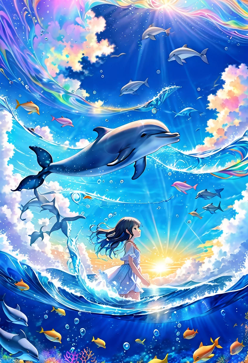Photo of a dolphin swimming in a colorful ocean, Check the configuration，Light blue long hair、beautiful girl with twin tails、Whale in the Sky, Cyril Rollandに触発されて, Dreamy psychedelic anime, Colorful anime movie background, Beautiful artwork illustration, author：pit, Colorful concept art, Cyril Rolland, Cyril Rolland風, Flying Whale, Highly detailed watercolor 8k, Very detailedな水彩画 8k，Octane，OK，Realistic，8k，Makoto Shinkai&#39;s Style( Streamlined Design, Clear lines, High Sharpness,Highest quality, Very detailed, masterpiece, Cinematic Lighting Effects, 4K )