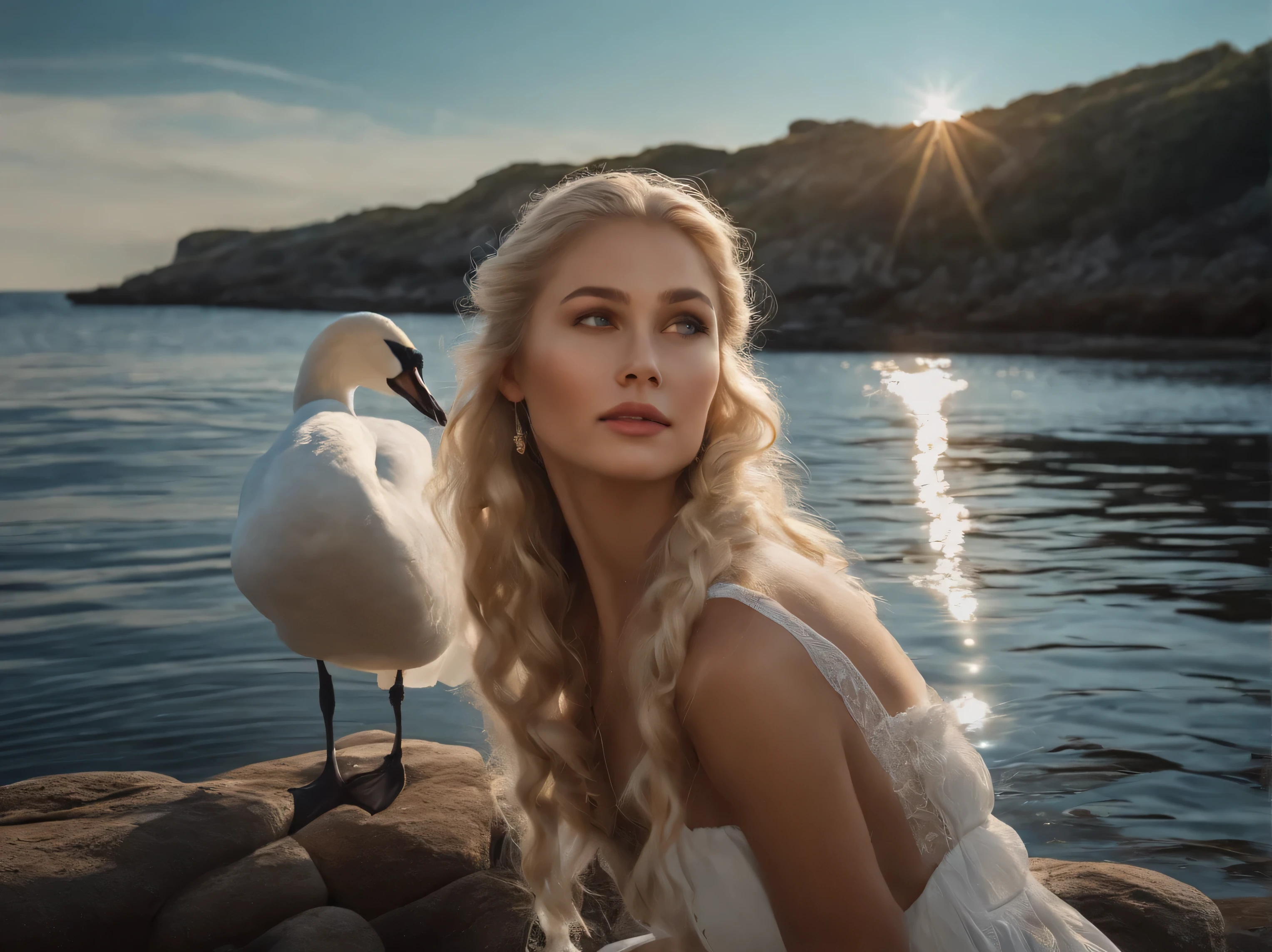 ,((Best quality))),8k,((Masterpiece)),(Extremely refined and beautiful), there is a girl coming out of the sea, a swan princess in Russian mythology, beautiful calm face, blue eyes, long blonde hair braided, the moon braided hair on the back of the head, white old Russian shiny clothes with a Kokoshnik crown on his head, affectionate eyes, half a smile, a gentle expression on his face, seascape and sunlight in the background, seagulls in the sky, full length, realism