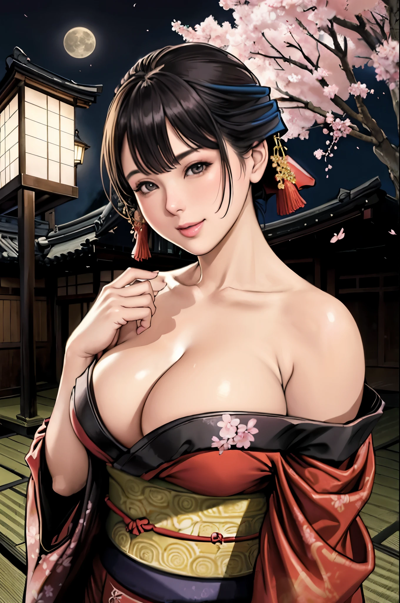 (Browsing Caution), (RAW Photos), (Realistic), (Photorealistic), Ultra-high resolution, masterpiece, Highest quality, Portraiture, facial Portraiture, Perfect lighting, Detailed lighting, Dramatic Shadows, Ray Tracing, Pure Eros Face_v1, Urzan-6500-v1.1, ((smile)), ((upper body:1.2)), ((random sexy pose)), looking at viewer, ((wearing a kimono)), ((off shoulders kimono:1.8)), ((in old Japanese street)), ((night)), ((full moon)), ((background with Cherry blossoms:1.2)), ((Japanese tattoo)),