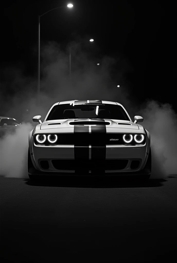 Black&white art picture „white dodge challenger with to black strobes“ black background