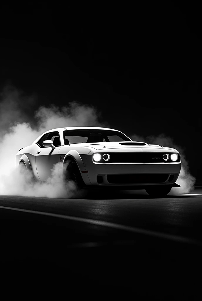 Black&white art picture „white dodge challenger with to black strobes“ black background