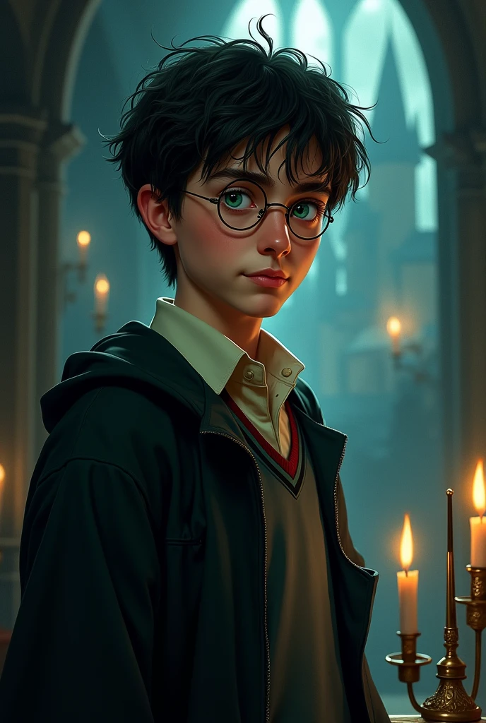 Harry Potter with Green eyes, messy black hair,in his 14th