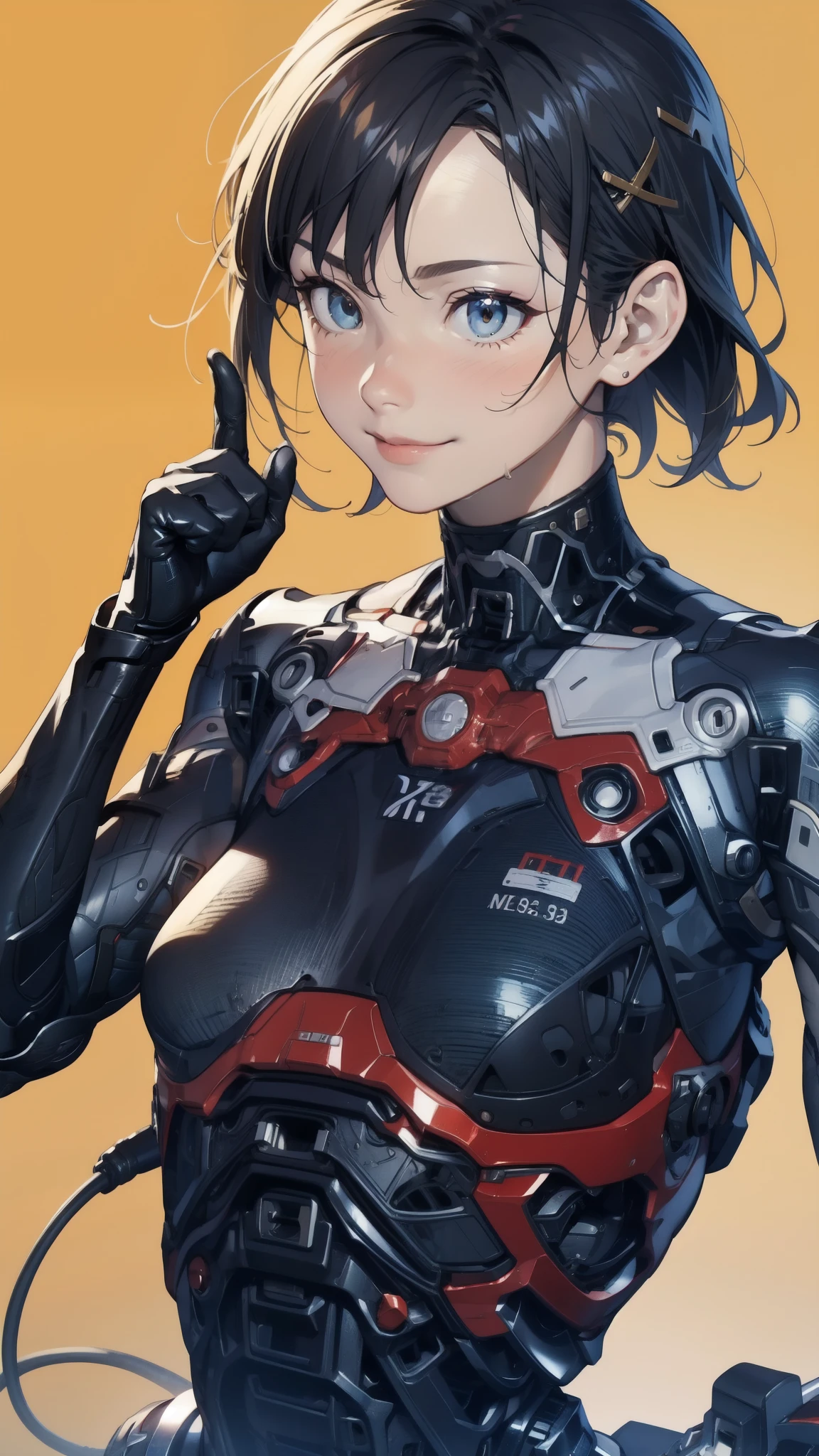 scenery、rain、1 girl、solo、Moderate bust、Upper Body、Face close-up、smile、ruanyi0152、(Yellow background)、ruanyi0238、cable、Machinery Parts、skeleton、Spine、X-ray、Black Hair、short hair、whole body、Highest quality、masterpiece、High resolution、Dynamic pose、Thumbs up、Official Art、Highly detailed CG Unity 8k wallpaper、