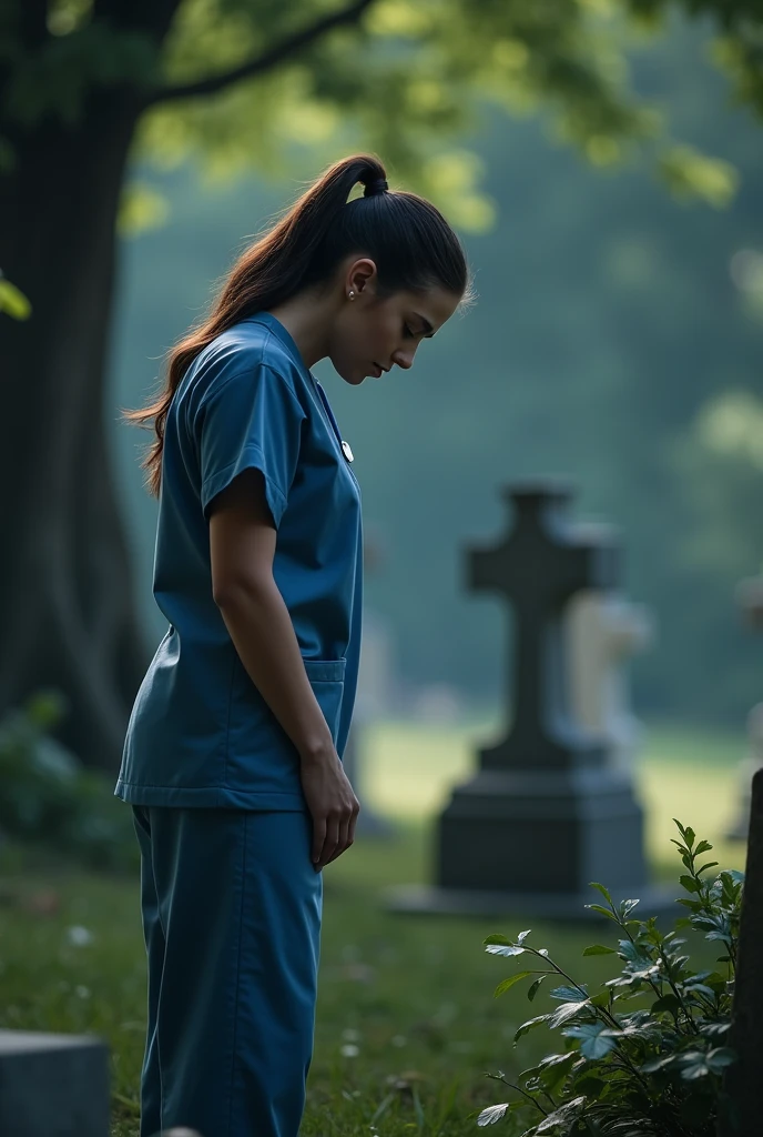 Nursing assistant at the grave of a deceased resident