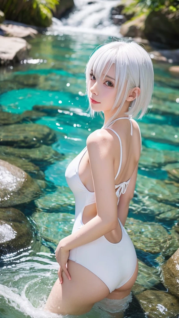 White haired anime girl in white swimsuit,Swimming in the stream