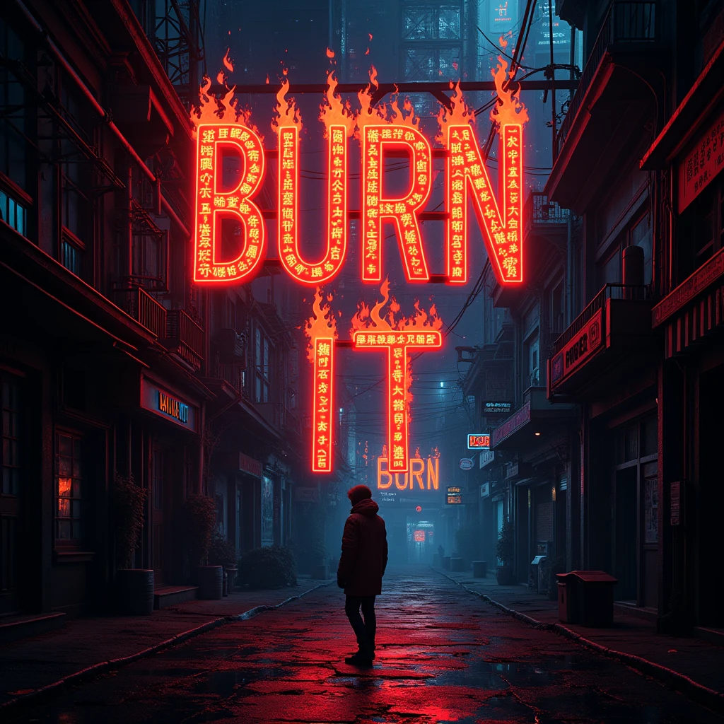 intricate typographic poster, anime style typography, Large text everywhere "BURN IT", dramatic lighting, bright colors, neon glow, futuristic elements of science fiction, detailed inscriptions, dynamic composition, moody atmosphere, stark contrasts, urban cyberpunk aesthetics, complex parts, Seamless Integration, masterful execution