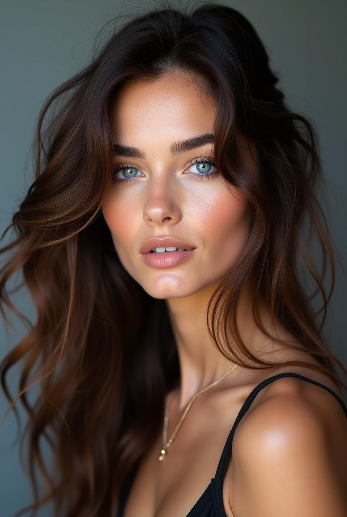 portait femme de 29 ans, Vietnamese long brown hair slightly curly, blue eye, visage parfait, professional makeup like model, en portant un haut noir