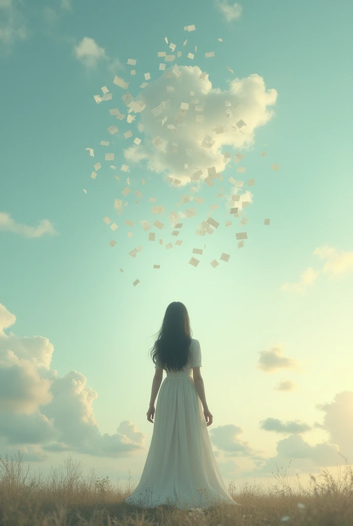 A woman from behind in a long dress sending letters to heaven