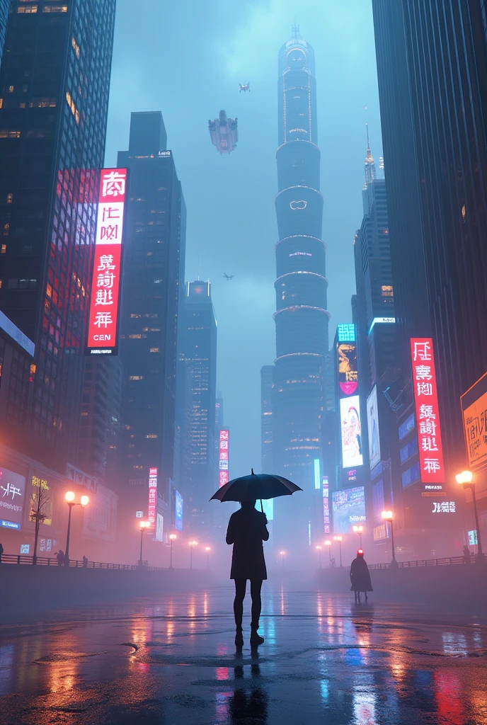 Create a futuristic cityscape at dusk, with sleek skyscrapers and neon-lit billboards reflecting off the wet pavement. Incorporate a solitary figure in the foreground, holding a futuristic umbrella with a glowing tip. Add neon colours.The atmosphere should be misty, with a sense of depth and scale. Include flying vehicles and holographic advertisements to emphasize the advanced technology of the city. Use a color palette dominated by blues and purples, with accents of warm orange and pink hues. The overall mood should be one of futuristic sophistication and mystery.