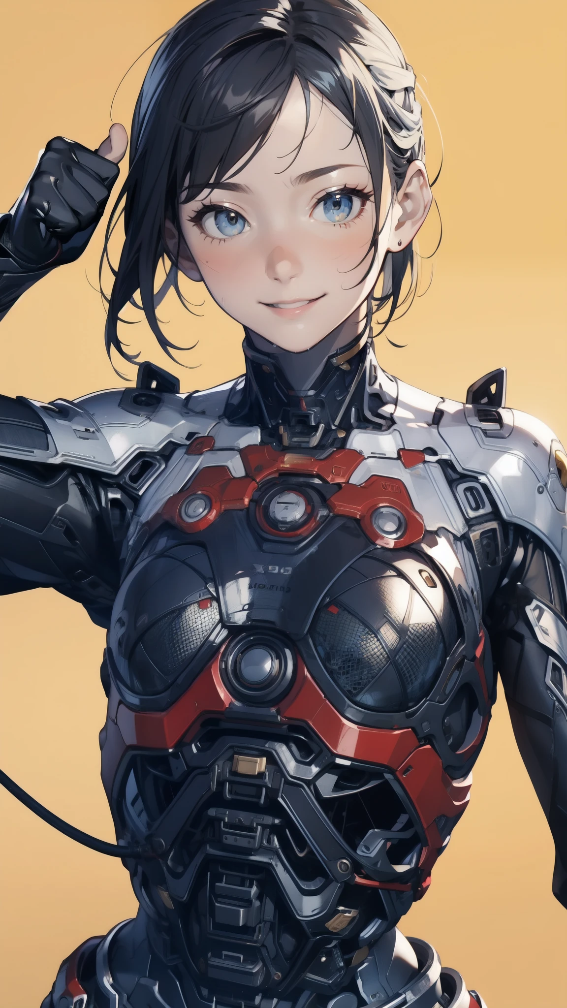 scenery、rain、1 girl、solo、Moderate bust、Upper Body、Face close-up、smile、ruanyi0152、(Yellow background)、ruanyi0238、cable、Machinery Parts、skeleton、Spine、X-ray、Long black hair、short hair、whole body、Highest quality、masterpiece、High resolution、Dynamic pose、Thumbs up、Official Art、Highly detailed CG Unity 8k wallpaper、