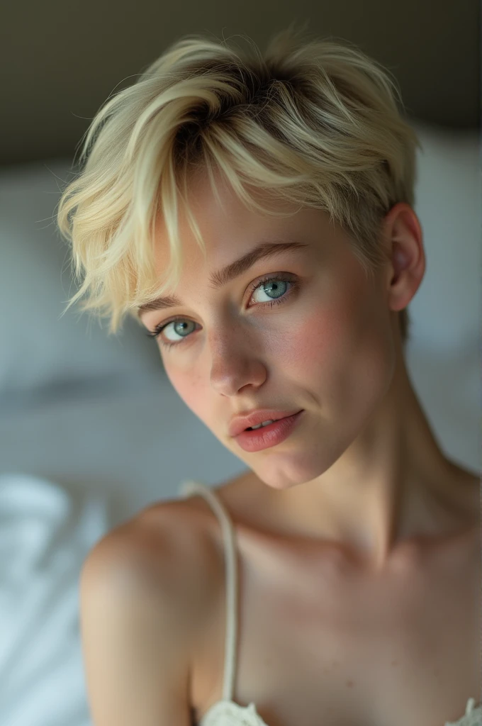 pixie cut, very short hair, ( face, virgin face, masterpiece, High resolution, 8k, 1 girl, super detailed, fine skin, white skin, brighten the subject, movie light, beautiful face, fine eyes, lip gloss), (((detailed anatomy))), blonde hair, pixie haircut, dull bangs, very short hair, Blue eyes, (slender body), (((big natural breasts))), photograph, (concentrate on upper body), Cute smile, looking at the viewer, white knit dress, naked neck, Bare shoulders and neck, blonde hair, pixie haircut, Silky Straight Hair, dull bangs, very short hair, lure, sitting on the bed, Spread her legs wide, Spread her legs wide, Spread her legs wide, pixie haircut, very short hair, very short hair, The white woman's face is crying with fear. sperm. sexual slavery. Oral sex. sex crime