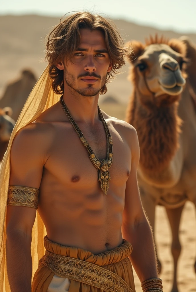 Young handsome cute white skin smooth skinny beautiful face shirtless In the Arena decert dressed in golden Arab clothing with a camel
