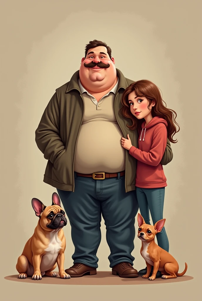 Father's day image, big pot-bellied man with mustache, two white teenage girls with brown hair, a beige-haired French bulldog, a brown furred chihuahua