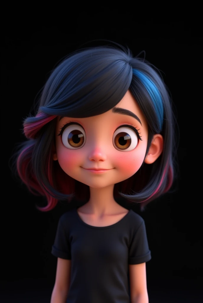 Create an -yeld che Disney Pixar style with brown eyes, black hair with a blue and a red streak and with a black blouse with the background of the image all black 