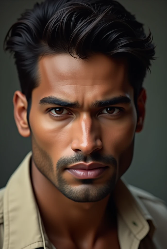 Extremely handsome indian man with brown eyes, clear skin, sharp nose, hunter eyes, full lips, thick hair, arched eyebrows, beautiful lashes
