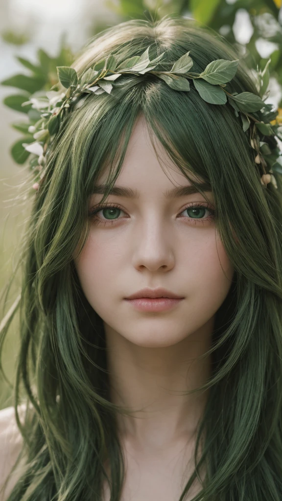face portrait. a girl. european. extremely detailed face. oval face. delicate features. half-closed eyes. green eyes. long messy hairstyle. green hair. wreath on head
