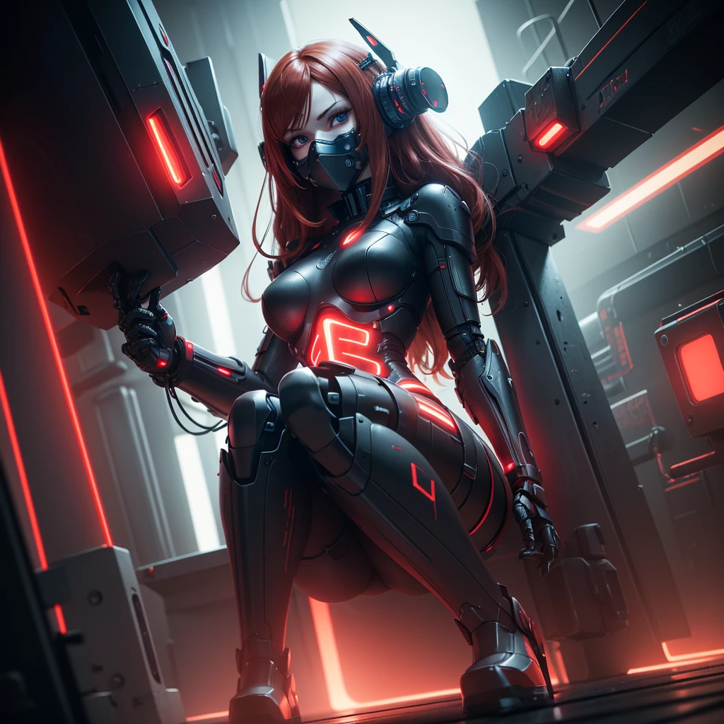 View from below, angle from below, flat horizon photo, Android girl in a pose sitting on her knees , she has long red hair, she has a mask on her face, a respirator, a woman with sexy hips, half a cyborg modification. Beautiful face, black metal cybernetic android robot body in black color, with red lines of indicators and diodes with many red parts, cybernetic armor with a red glow from under the joints and joints, she has blue eyes and stands tall , frame with a flat horizon, Anime Style Photography , black background Cyberpunk style, the camera films Her from below, lower angle of photography, black background image of a night black city and red neon lights, red lamps, red lighting, red flashes in the background