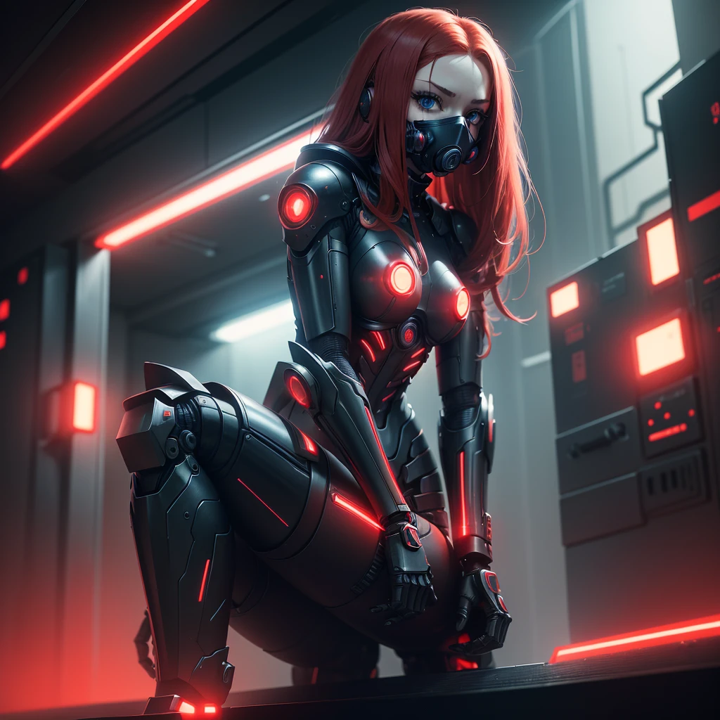 View from below, angle from below, flat horizon photo, Android girl in a pose sitting on her knees , she has long red hair, she has a mask on her face, a respirator, a woman with sexy hips, half a cyborg modification. Beautiful face, black metal cybernetic android robot body in black color, with red lines of indicators and diodes with many red parts, cybernetic armor with a red glow from under the joints and joints, she has blue eyes and stands tall , frame with a flat horizon, Anime Style Photography , black background Cyberpunk style, the camera films Her from below, lower angle of photography, black background image of a night black city and red neon lights, red lamps, red lighting, red flashes in the background
