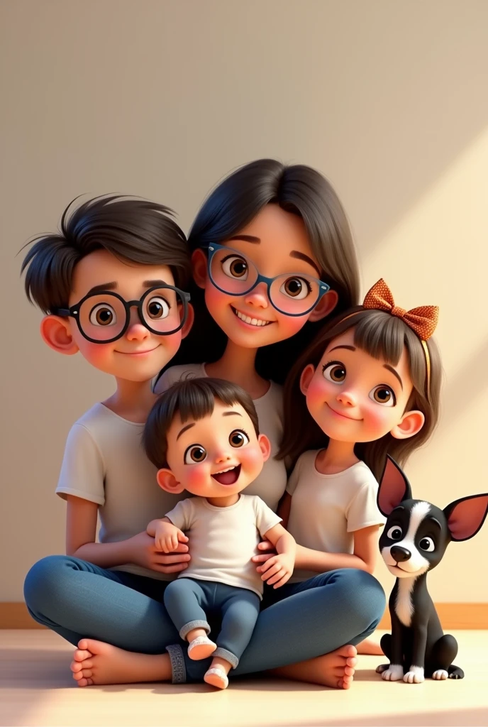 Create a Pixar animation style family portrait.
A mother with three children. A one  boy. An 8 year old boy sses and a 6 year old girl and a de right.
Everyone looking at the camera.
The mother is sitting on the floor with her legs crossed and holding the baby in her arms..
On the left the boy wears black-framed glasses and hair, straight dark blonde hair On the right shoulder length hair with bow on head straight dark blonde hair, a little smaller than the boy on the left.
The baby has straight dark blonder and the hair has more volume in the middle. The baby is a boy.
Everyone is wearinwhite t-shirt and jeans.
Everyone is smiling warmly and has a cheerful expression. 
The mother has long, dark, wavy hair and wears blue-framed glasses. The background is a soft, neutral tone.. 
The entire scene must have vibrant colors., expressive expressions and warm lighting typical of Pixar animations.
A cadela biever terrier, hairy with bow holding the fringe, small black and white sitting on the right side