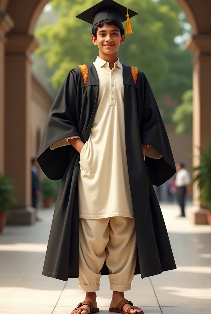 Cream colour salwar with black graduation gown 
