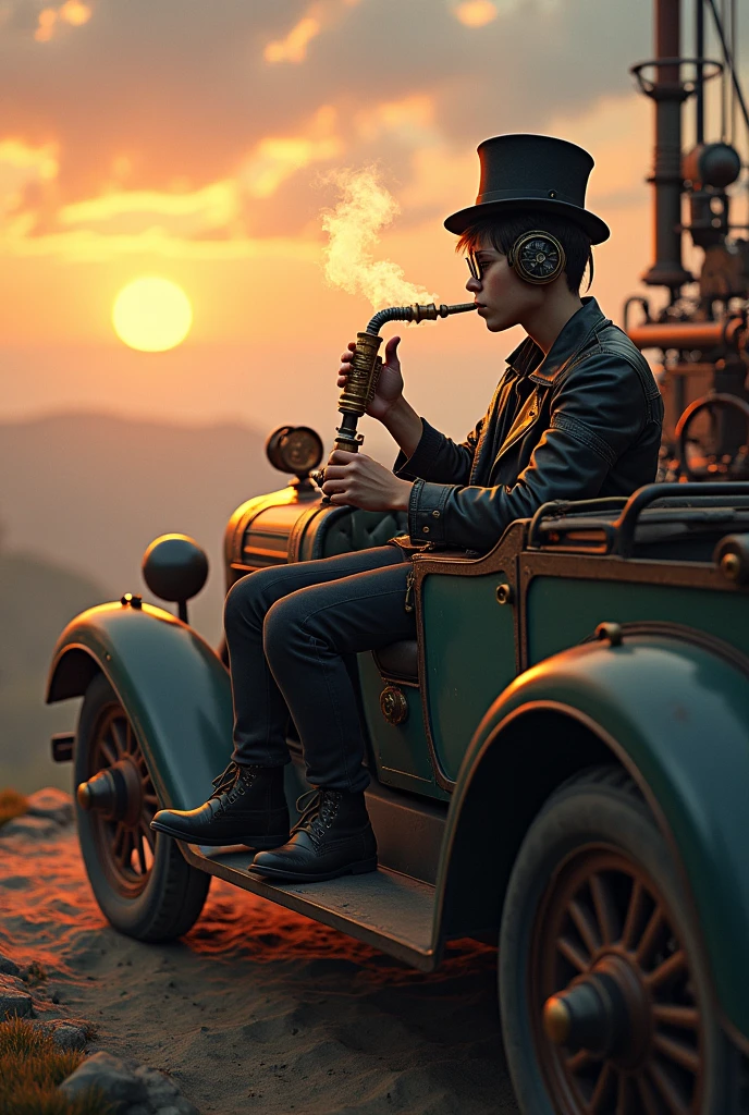 Steampunk style age boy in top hat with mechanical gadgets and steam punk style glasses smoking weed from steam punk bong, sitting in an old car on a sunset hill , smoking weed with a steam powered robot