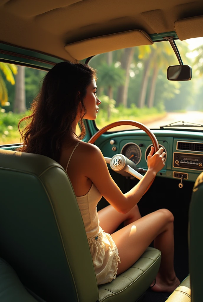 a beautiful barefoot Brazilian brunette woman driving an old volkswagen Beetle with a view from the back seat.