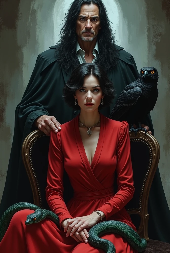 Draw a picture of a Gryffindor witch in a red dress with short hair but not too short., black with two snakes on her lap, one black and one green, and behind her a tall man with black hair with white streaks and eyes, also a little older than her. , with a black owl and the Durmstrang uniform